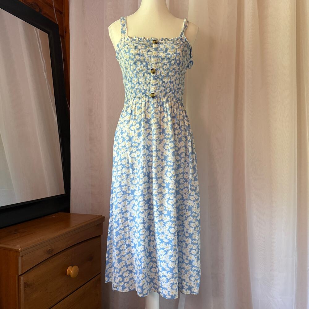 Charlotte Russe Blue Daisy Floral Smocked Midi Dress Sz Medium Cottagecore